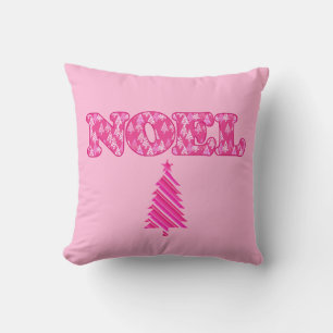 Word Art - Noel Patterned in Fuchsia Pink Trees  Throw Pillow