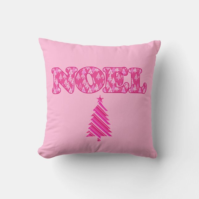 Word Art - Noel Patterned in Fuchsia Pink Trees  Throw Pillow (Front)