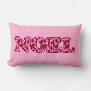 Word Art - Noel Patterned with Trees in Burgundy Lumbar Pillow