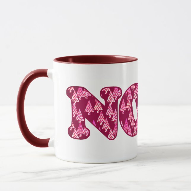 Word Art - Noel Patterned with Trees in Burgundy  Mug (Left)