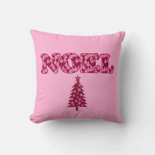 Word Art - Noel Patterned with Trees in Burgundy T Throw Pillow