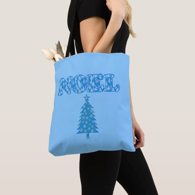 Word Art - Noel Patterned with Trees Light Blue  T Tote Bag (Close Up)