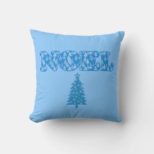 Word Art - Noel Patterned with Trees Light Blue  Throw Pillow