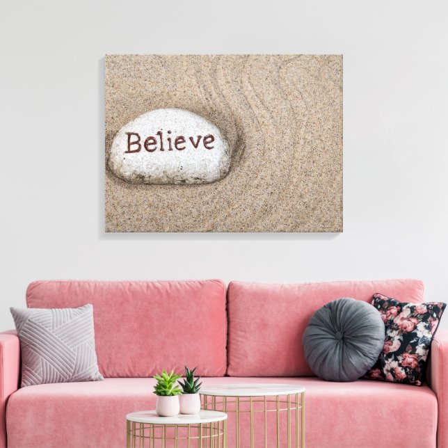 word Believe on beach rock Canvas Print (Insitu(LivingRoom))