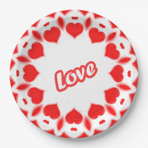 Word "Love" framed with Red Valentine Hearts Paper Plate