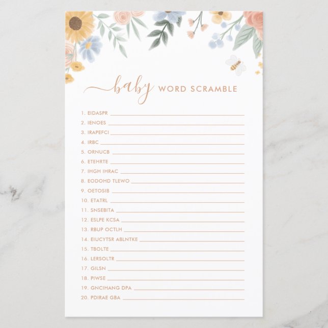 Word Scamble Baby Shower Game Sweet as Can Bee (Front)