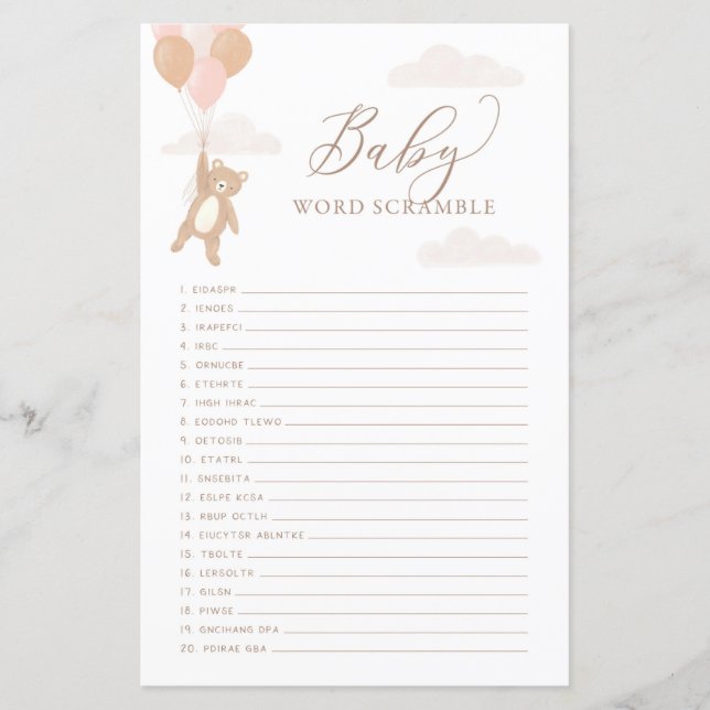 Word Scamble Baby Shower Game We Can Bearly Wait (Front)