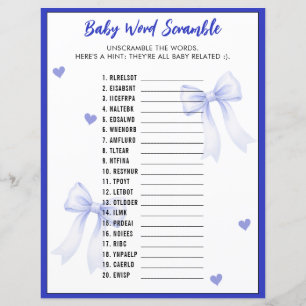 Word Scramble Baby Shower Game Blue Bow Ribbon