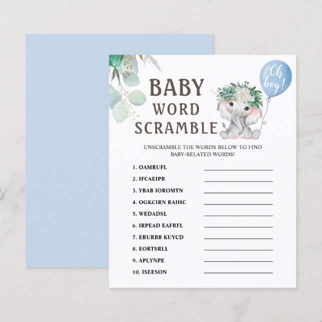 Word Scramble | Elephant Balloon Baby Shower Game (Front/Back)