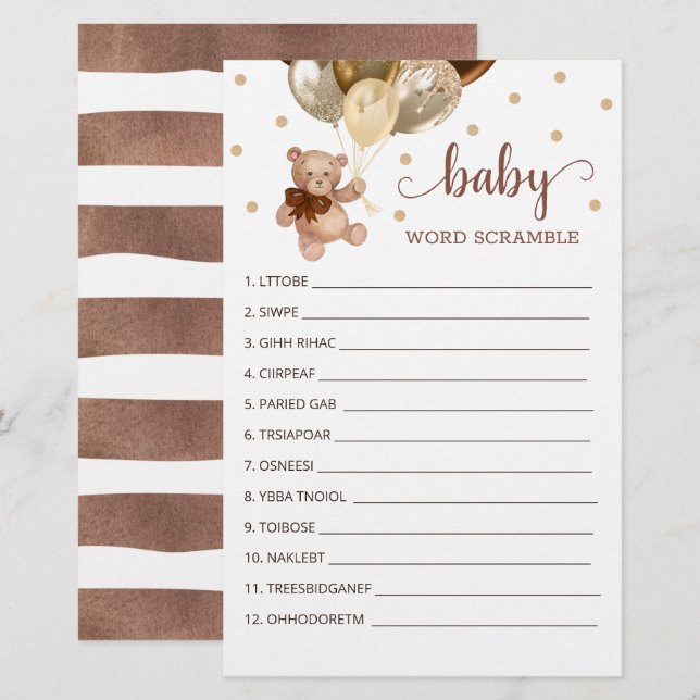 Word Scramble Game for the Baby Shower Teddy Bear (Front/Back)