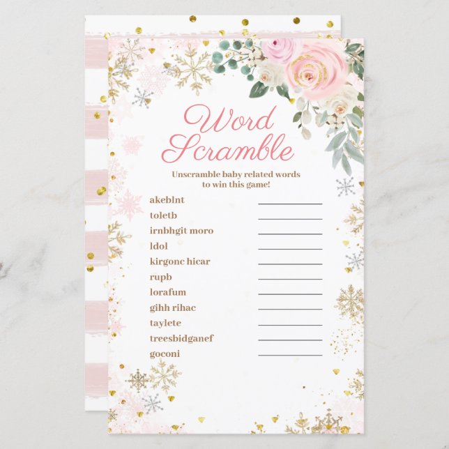 Word Scramble Game Winter Pink Floral Snowflakes (Front/Back)