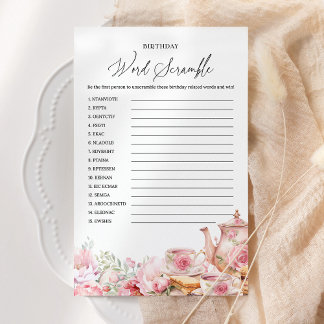 Word Scramble Pink Floral Tea Birthday Party Game