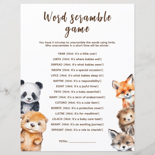 Word Scramble Woodland Animals Baby Shower Game (Front)