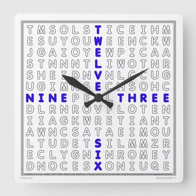 Word Search Clock with downloadable puzzle (blue) (Front)