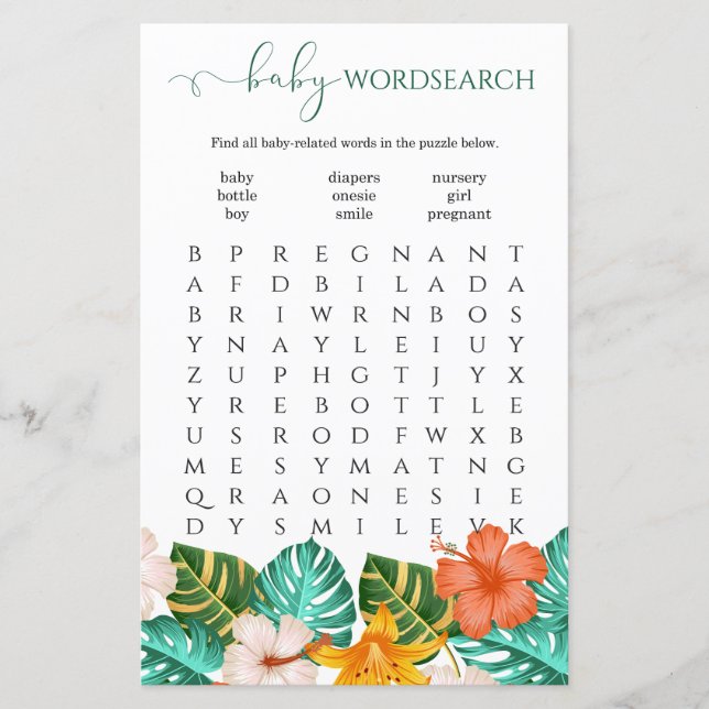 Word Search Tropical Floral Baby Shower Game (Front)