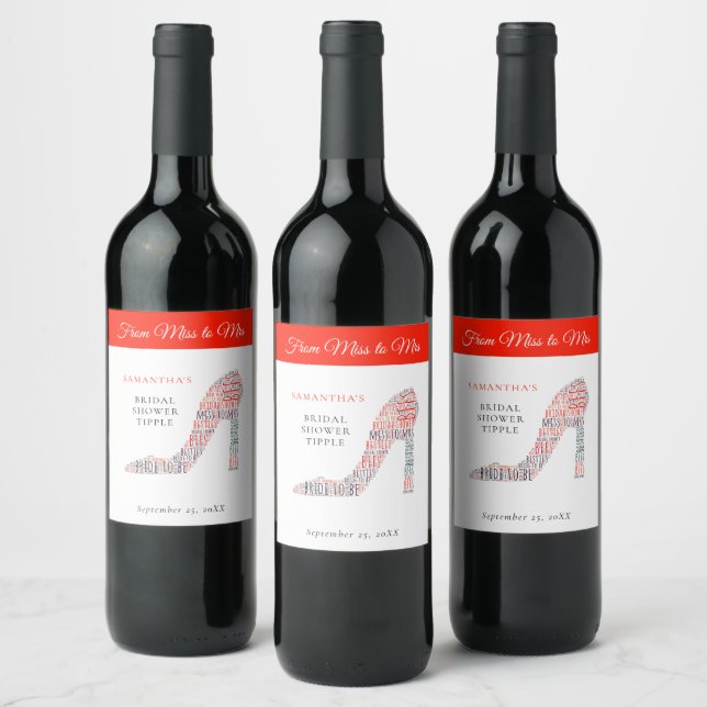 WordArt Shoe Name Miss to Mrs Red Bridal Shower Wine Label (Bottles)