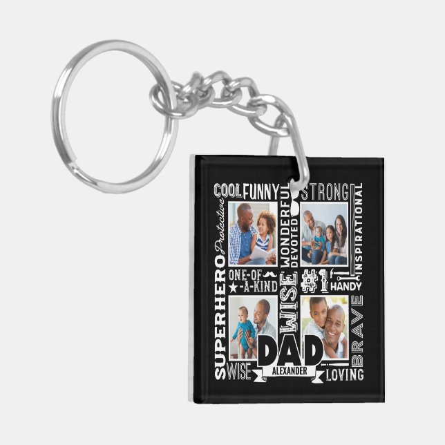 Words For #1 Dad Father's Day Photo Collage Black  Keychain (Front Left)