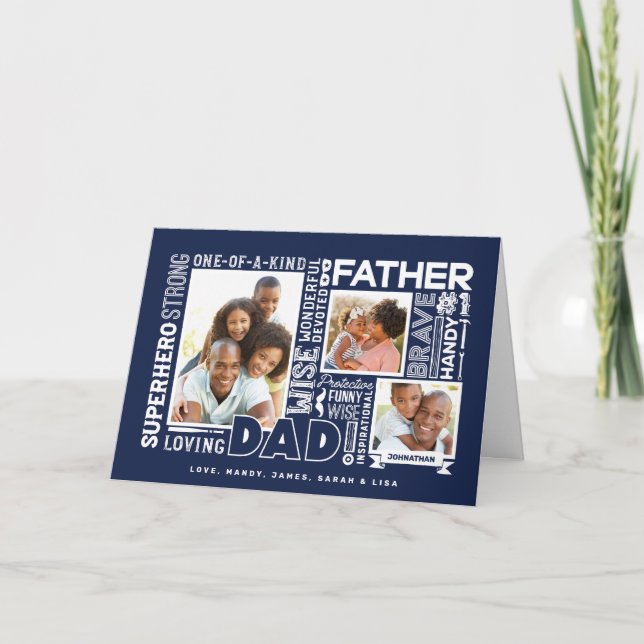 Words For #1 Dad Father's Day Photo Collage Navy Card (Front)