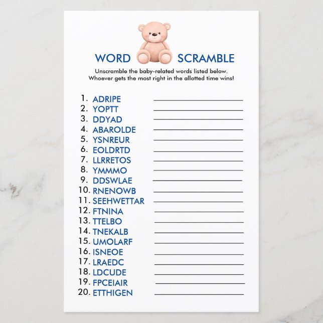 Words Scramble | Teddy Bear Baby Boy Shower Games (Front)