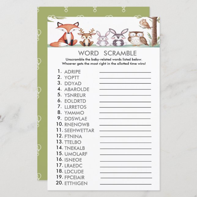 Words Scramble | Woodland Animals Shower Games (Front/Back)