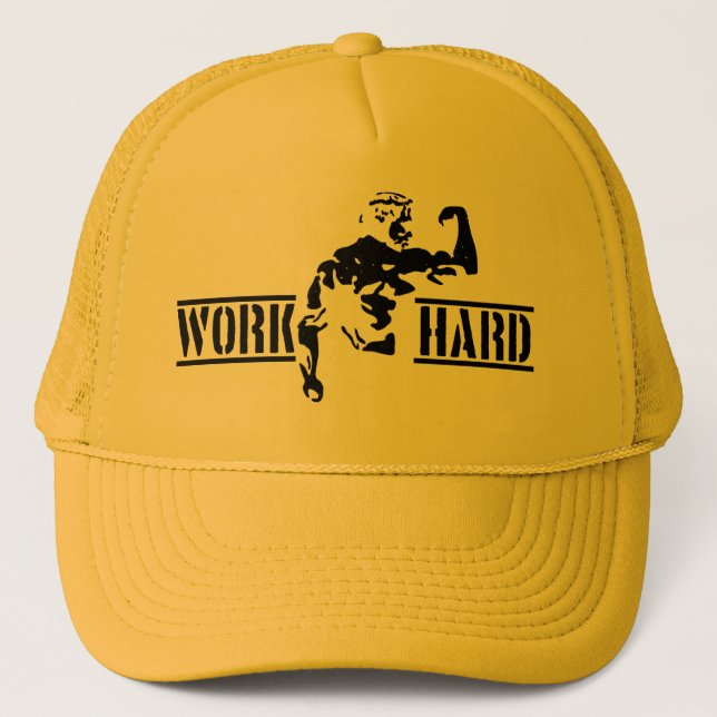 work hard Arnold Schwarzenegger gym weightlifting  Trucker Hat (Front)