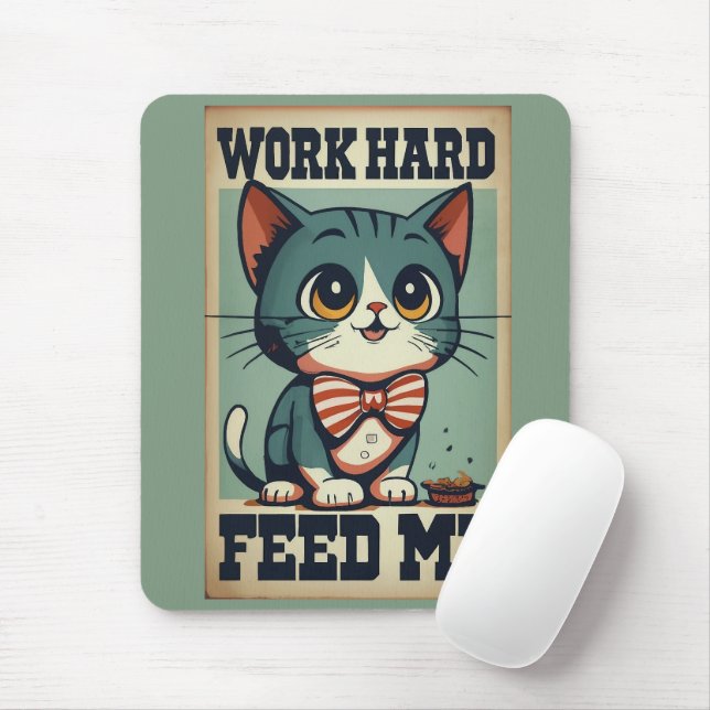 Work Hard Old Vintage Cat Mouse Pad (With Mouse)