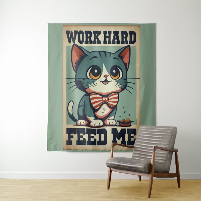 Work Hard Old Vintage Cat Tapestry (In Situ)