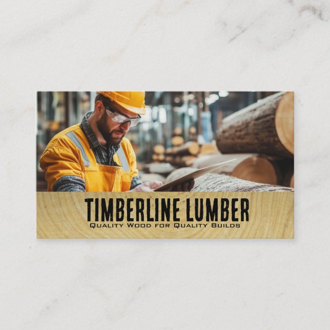 Worker Examining Lumber at the Mill Business Card (Front)