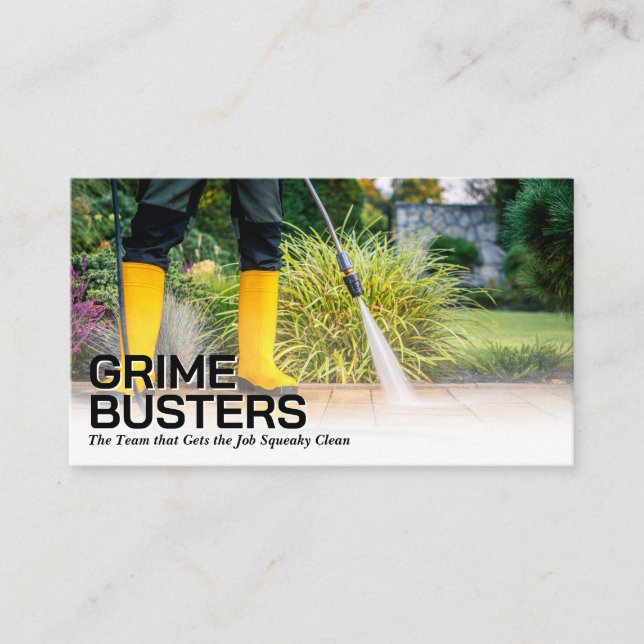 Worker Pressure Washing Patio Bricks Business Card (Front)