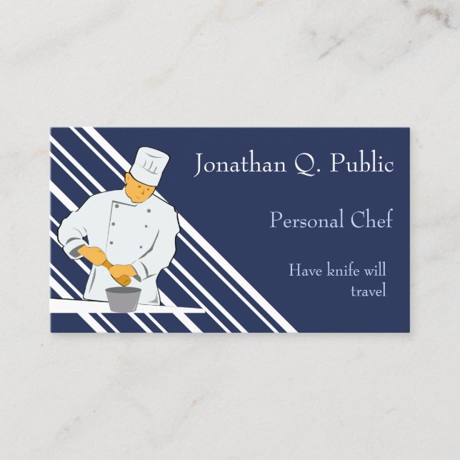 Working Chef Blue Background White Stripes Business Card (Front)