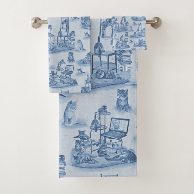 Working from Home with my Cats two-tone Delft Blue Bath Towel Set (Insitu)