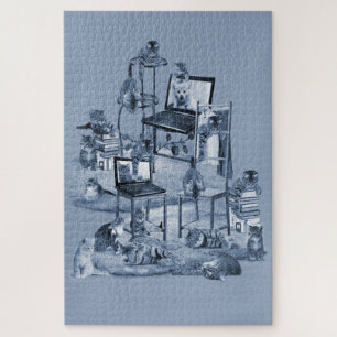 Working from Home with my Cats two-tone Delft Blue Jigsaw Puzzle