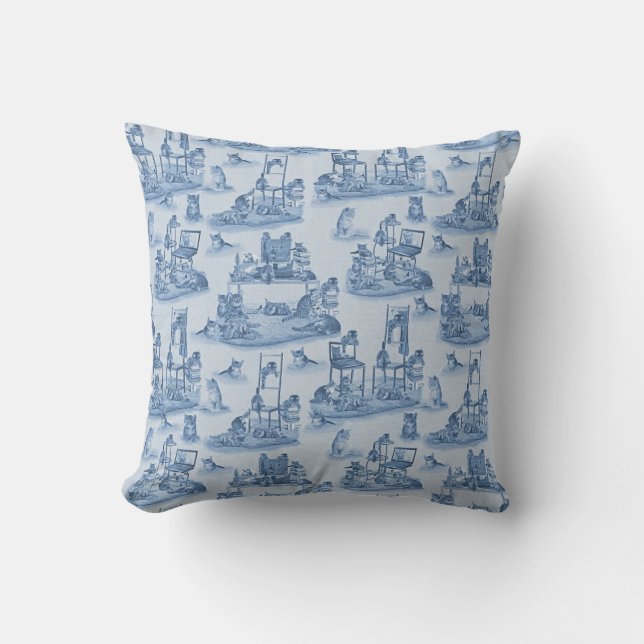 Working from Home with my Cats two-tone Delft Blue Throw Pillow (Front)