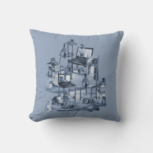 Working from Home with my Cats two-tone Delft Blue Throw Pillow