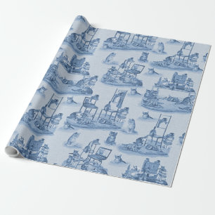Working from Home with my Cats two-tone Delft Blue Wrapping Paper
