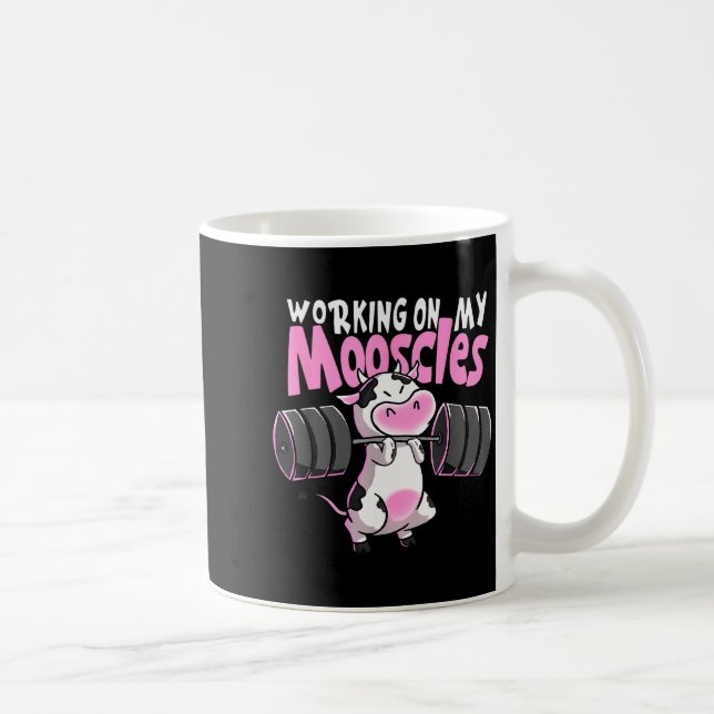Working On My Mooscles Funny Gym Cow Weightlifting Coffee Mug (Right)