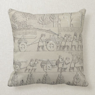 Workmen with implements and ropes for moving a Win Throw Pillow