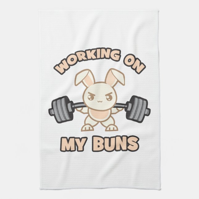 Workout Bunny Cartoon - Working On My Buns - Gym Kitchen Towel (Vertical)