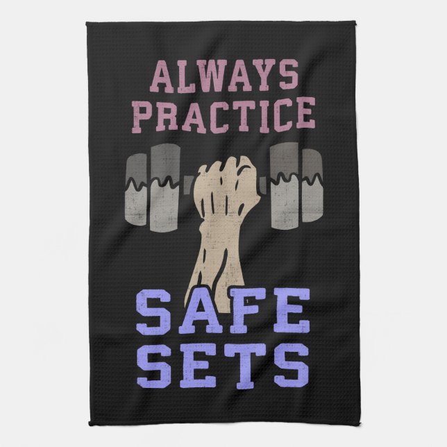 Workout Humour - Practice Safe Sets - Novelty Gym Kitchen Towel (Vertical)