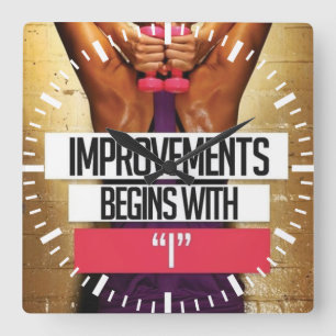 Workout Motivation - Improvements Begin With "I" Square Wall Clock