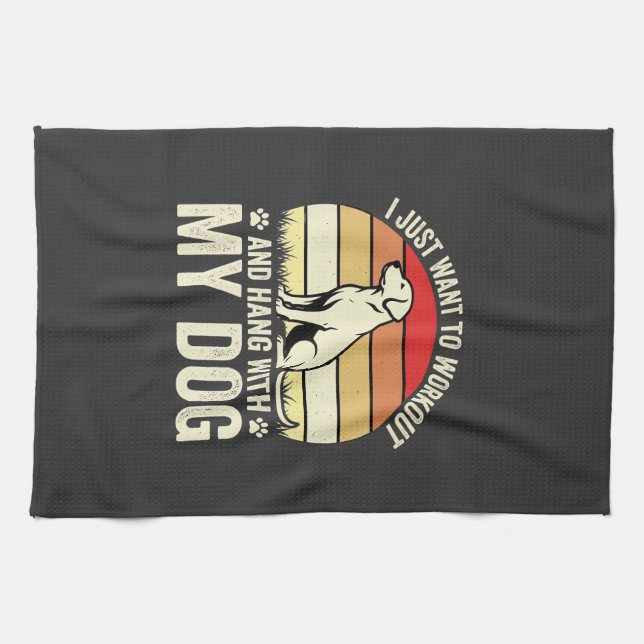 Workout With My Dog Retro Sunset Kitchen Towel (Horizontal)