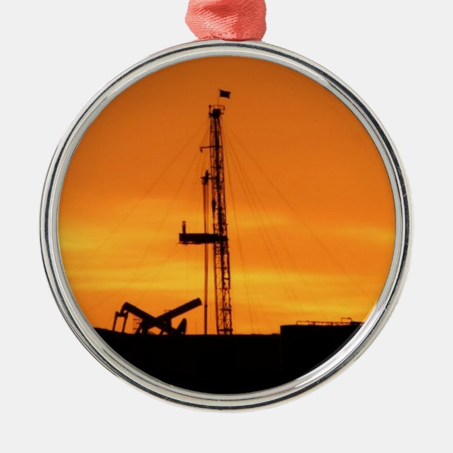 Workover Rig Silhouette at Sunset Metal Ornament (Front)