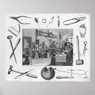 Workshop and main tools of jewellery, 1810 poster