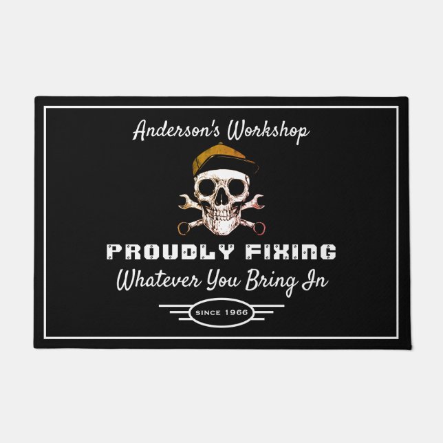 Workshop Any Name Proudly Fixing Funny Saying Doormat (Front)