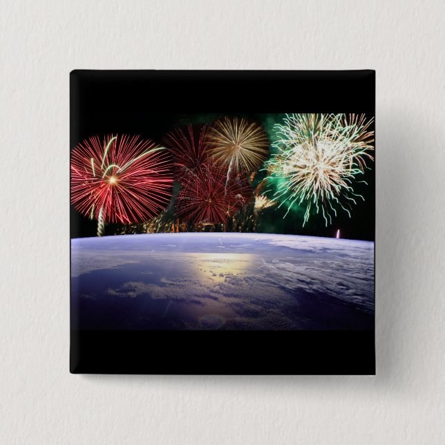 World and Fireworks 2 Inch Square Button (Front)
