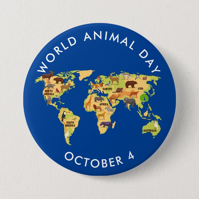 World Animal Day, map of animals 3 Inch Round Button (Front)