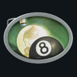World as Cue Ball Oval Belt Buckle<br><div class="desc">Artist: Emmett Watson | Earth is cue ball behind the eight ball</div>