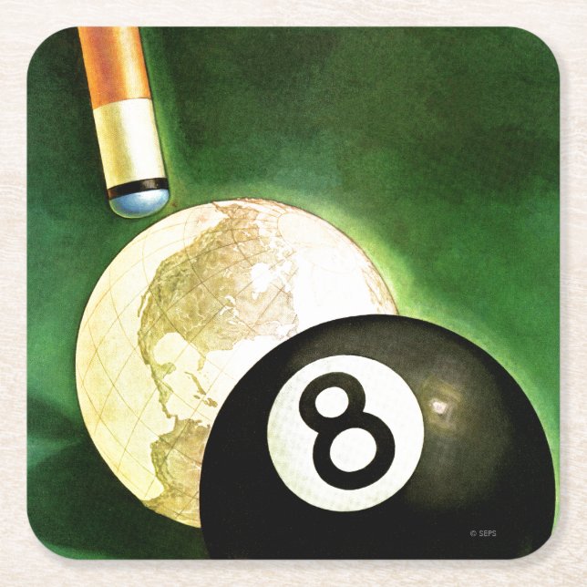 World as Cue Ball Square Paper Coaster (Front)