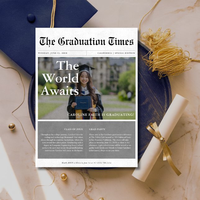 World Awaits Classic Newspaper Graduation Photo Invitation (Creator Uploaded)