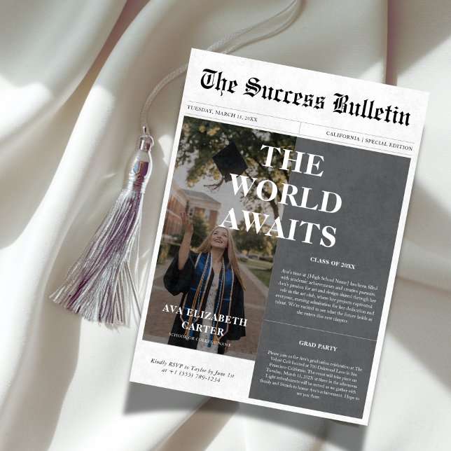 World Awaits Graduation Success Newspaper Photo Invitation (Creator Uploaded)